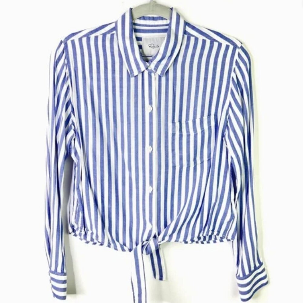 Rails Val Tie Front Stripe Shirt Cropped Blouse Blue White Top M Coastal Grandma - Picture 2 of 10